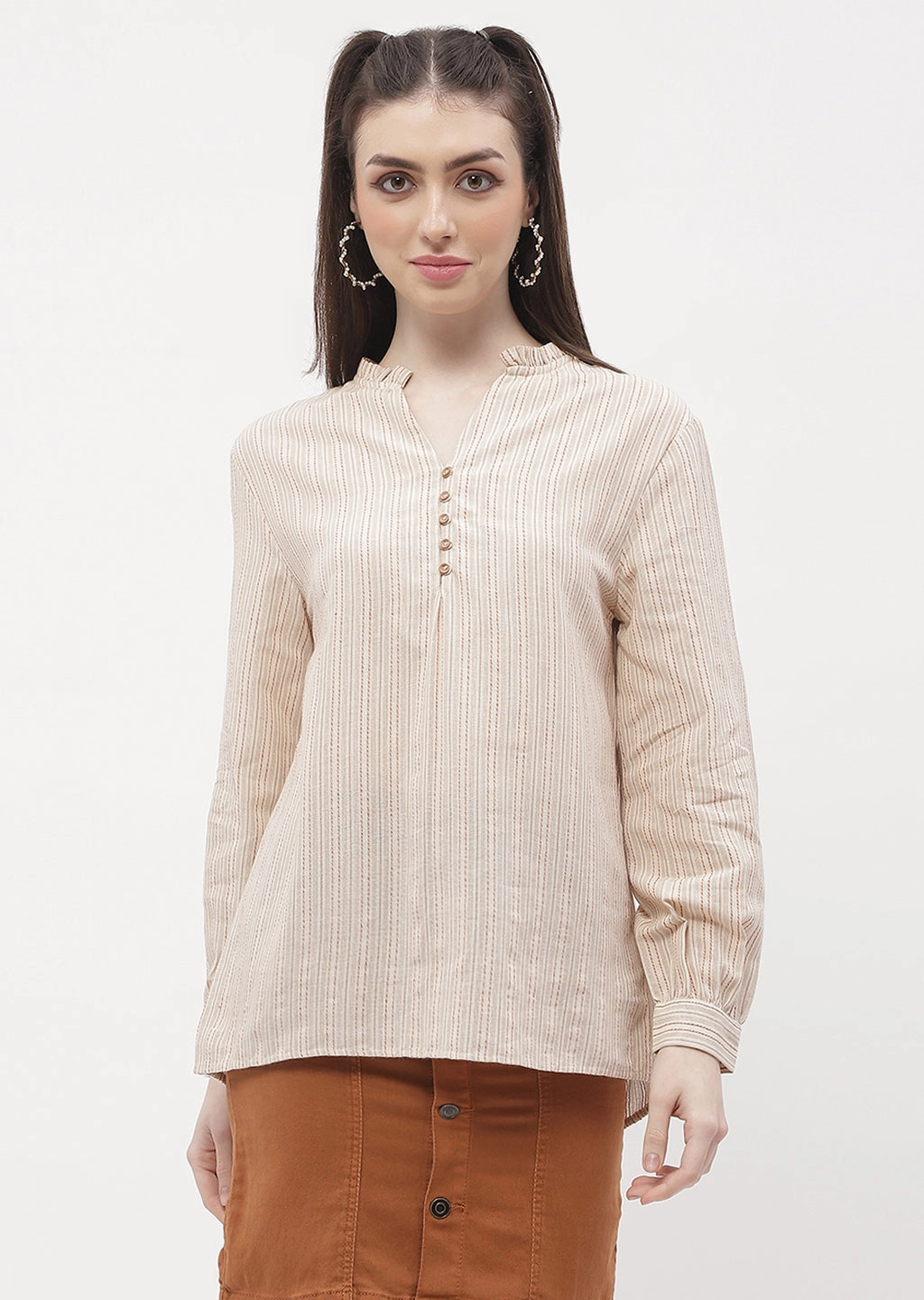 Stretch Fit Recycled Polyester Material Madame Ruffle Mandarin Collar Beige Striped Top