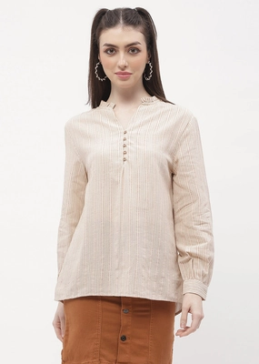 Stretch Fit Recycled Polyester Material Madame Ruffle Mandarin Collar Beige Striped Top
