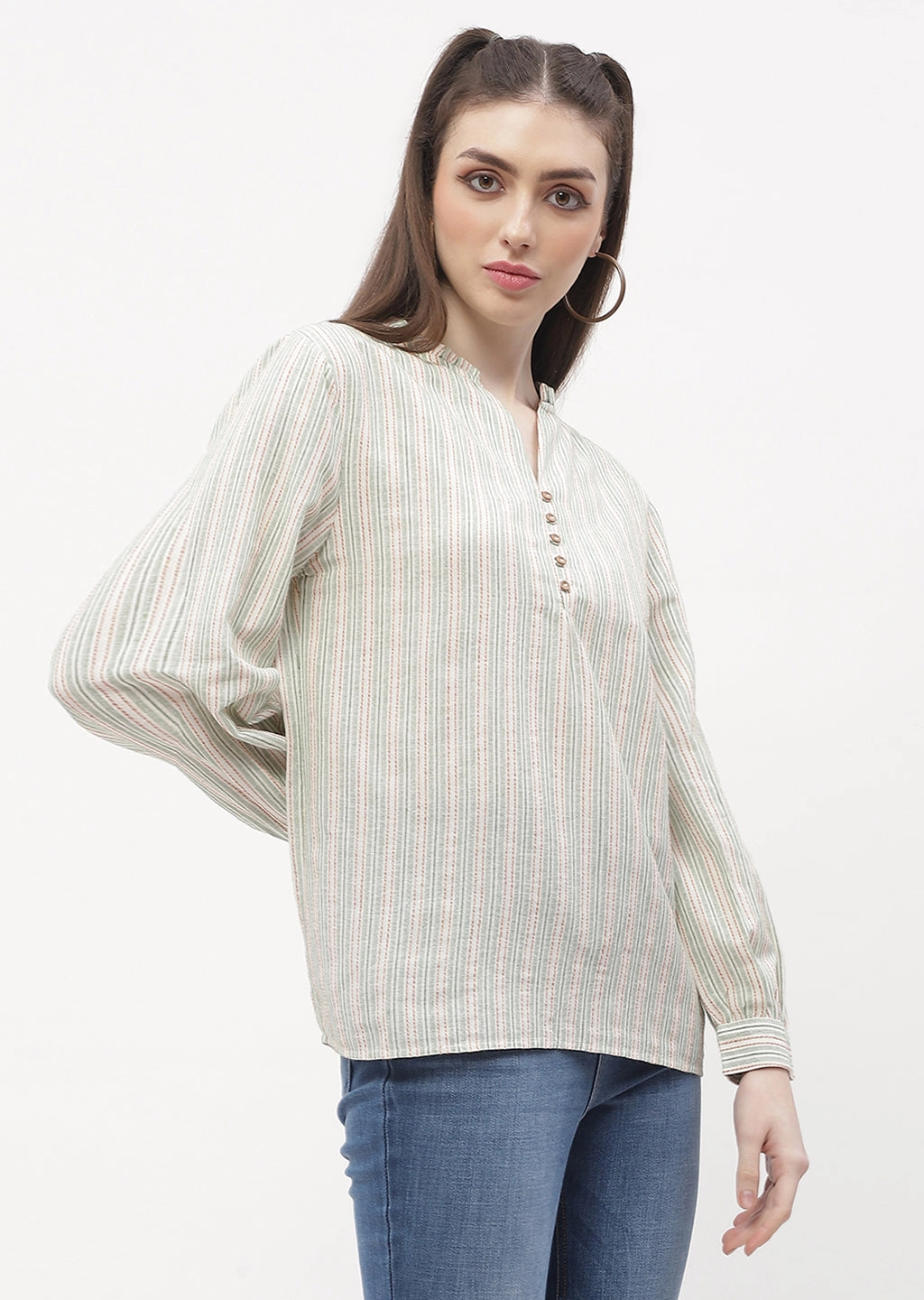 Double Stitched Hem DurableDoubleLayeredHem Madame Ruffle Mandarin Collar Green Striped Top