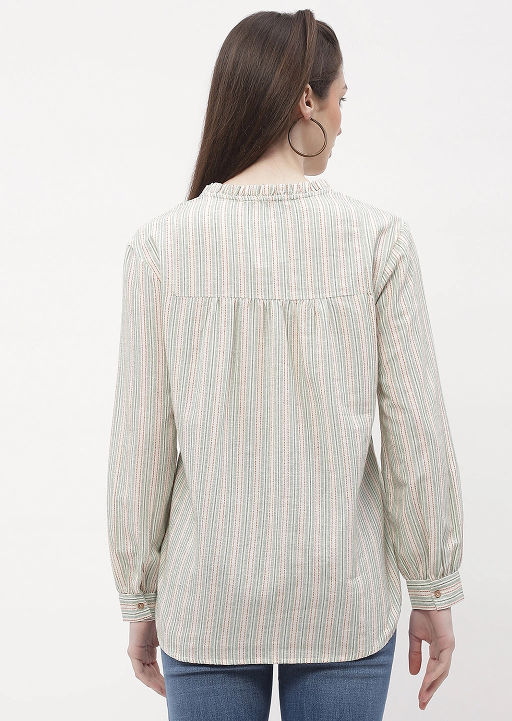 Breathable Construction Madame Ruffle Mandarin Collar Green Striped Top