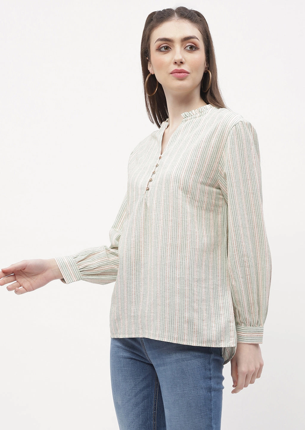 Madame Ruffle Mandarin Collar Green Striped Top UltraFineMesh Stylish Tank