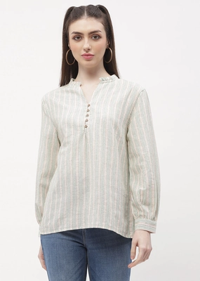 Madame Ruffle Mandarin Collar Green Striped Top MinimalistSilhouette
