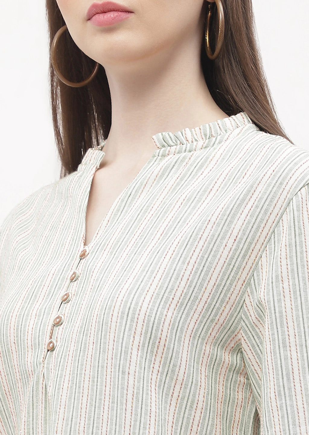 Roll Up Sleeve Design Madame Ruffle Mandarin Collar Green Striped Top
