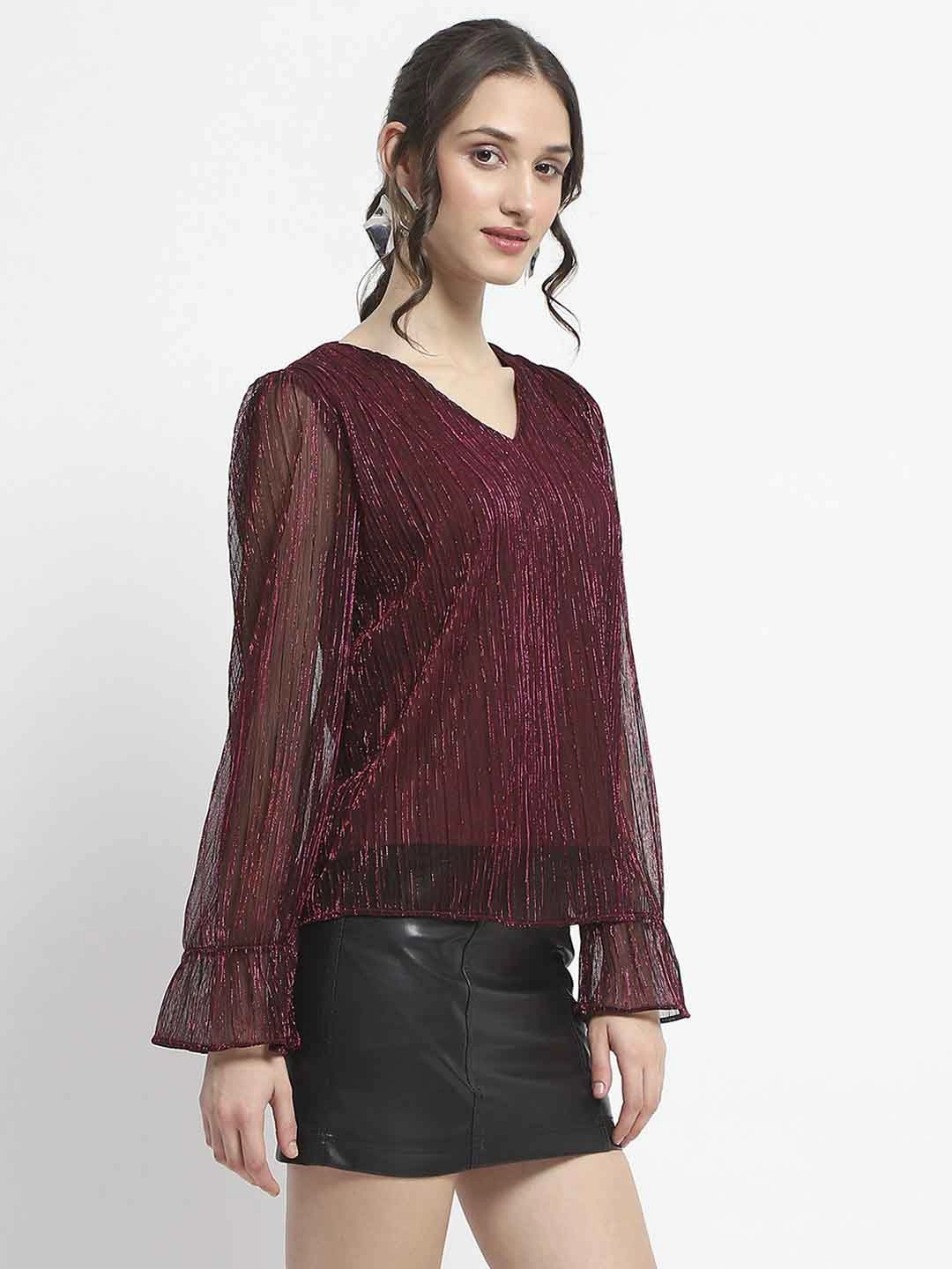 Easy Wear SnagResistant Fabric Madame Ruffle Sleeve Plum Shimmery Top