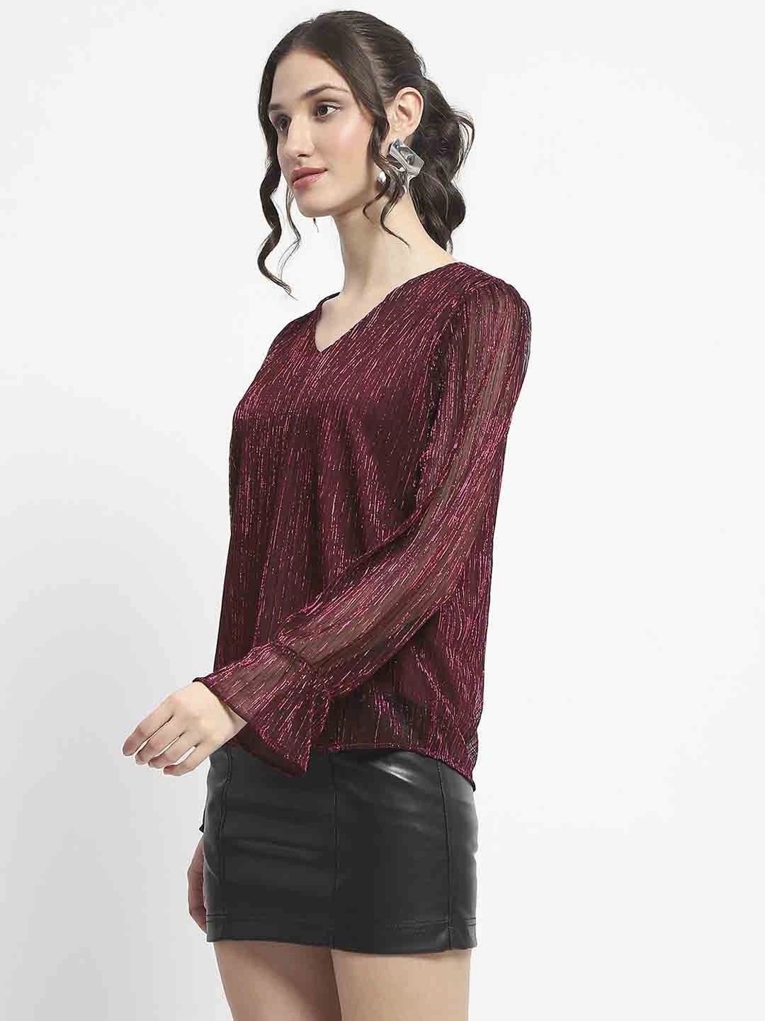 Wrinkle Resistant Textile Madame Ruffle Sleeve Plum Shimmery Top