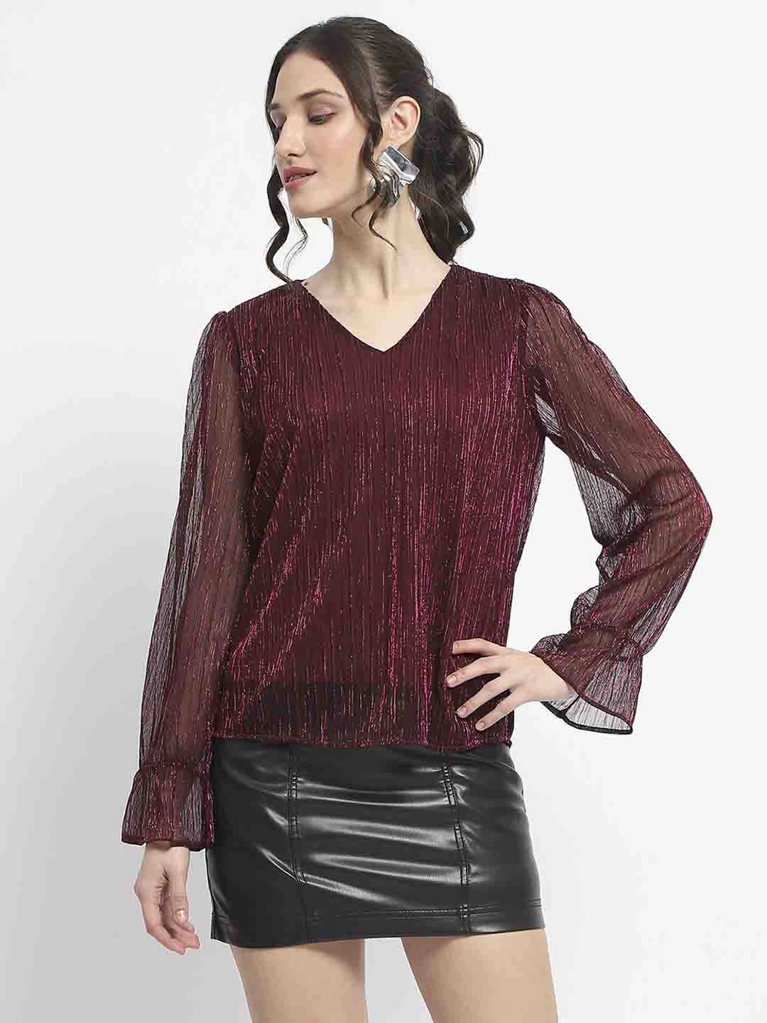 LatticeKnit Madame Ruffle Sleeve Plum Shimmery Top