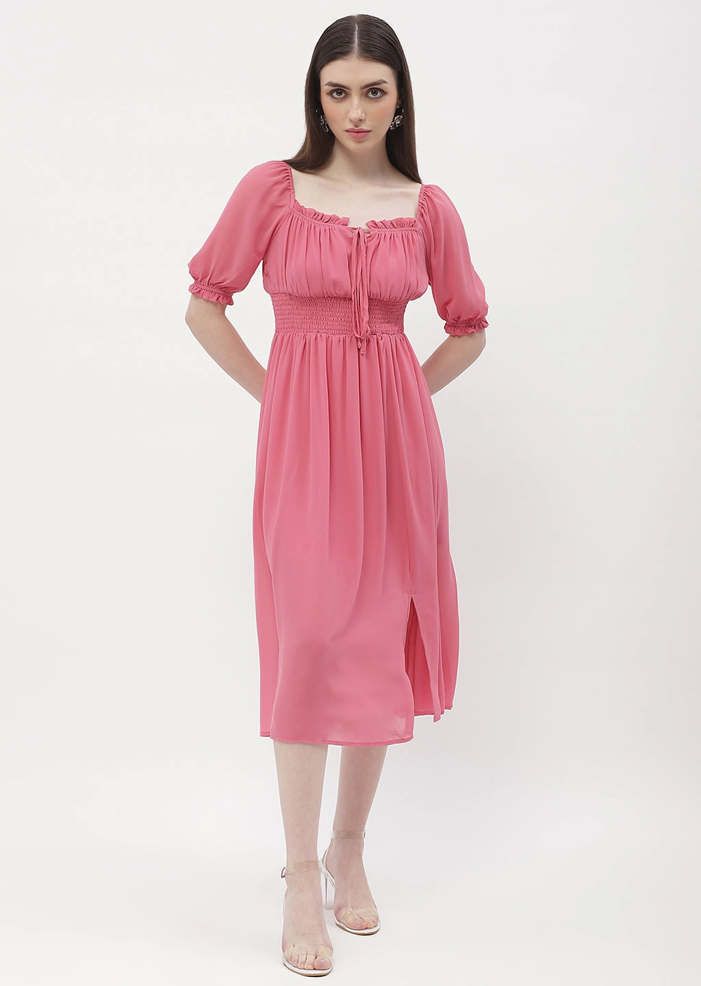 Velvet-Edge Madame Ruffle Square Neck Pink Slit Midi Dress