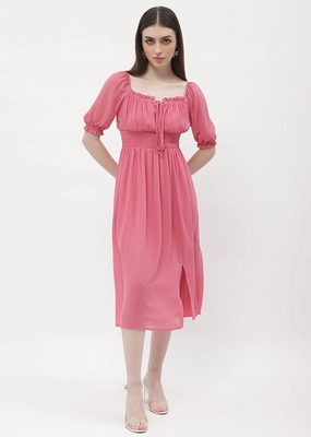 Velvet-Edge Madame Ruffle Square Neck Pink Slit Midi Dress