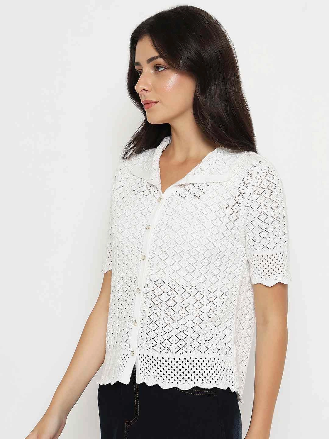 Metallic Fiber Blend Madame Scalloped Hem White Knitted Polo Top