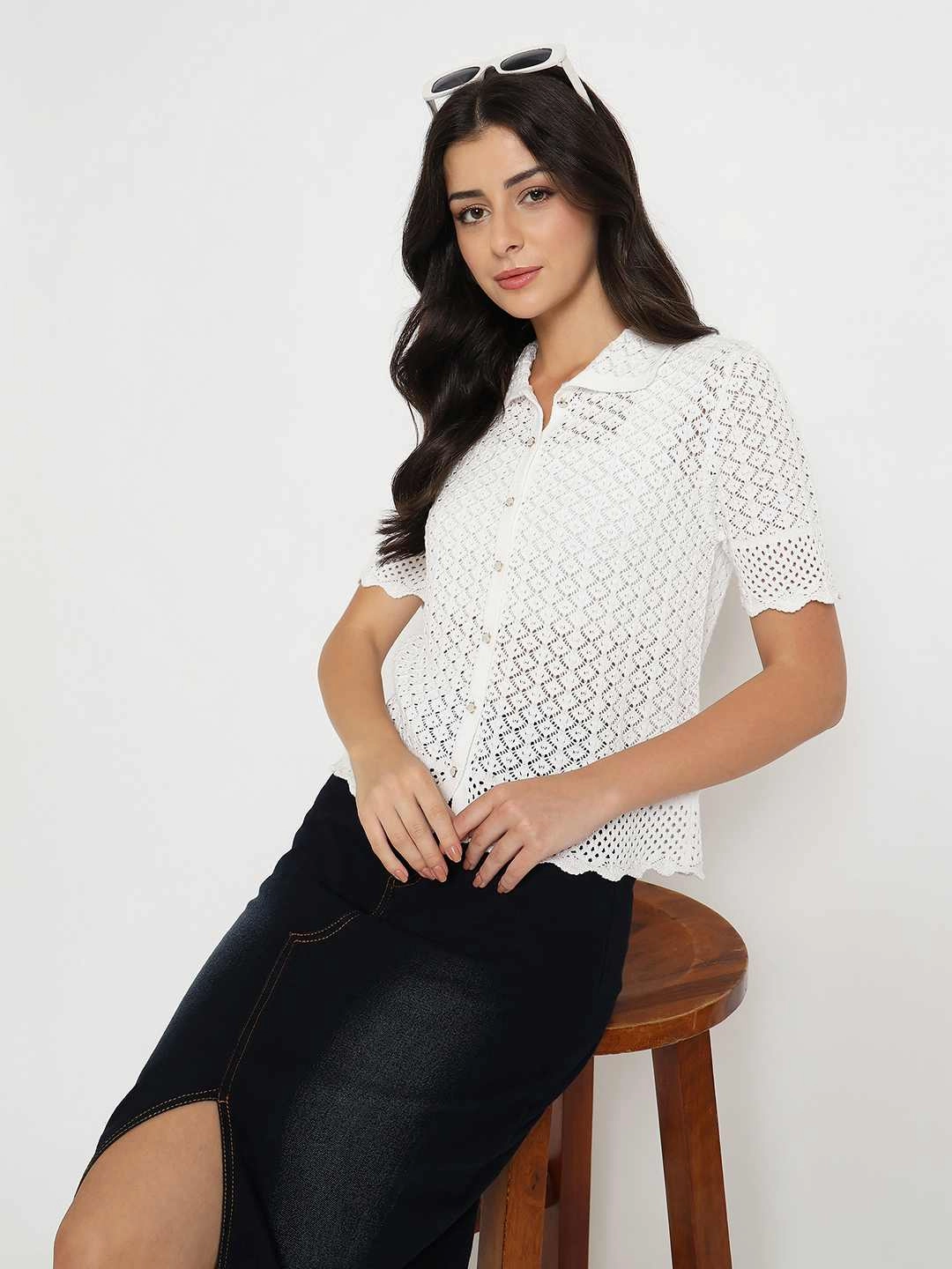Flexible Cuffs QuickRelease Closures Madame Scalloped Hem White Knitted Polo Top