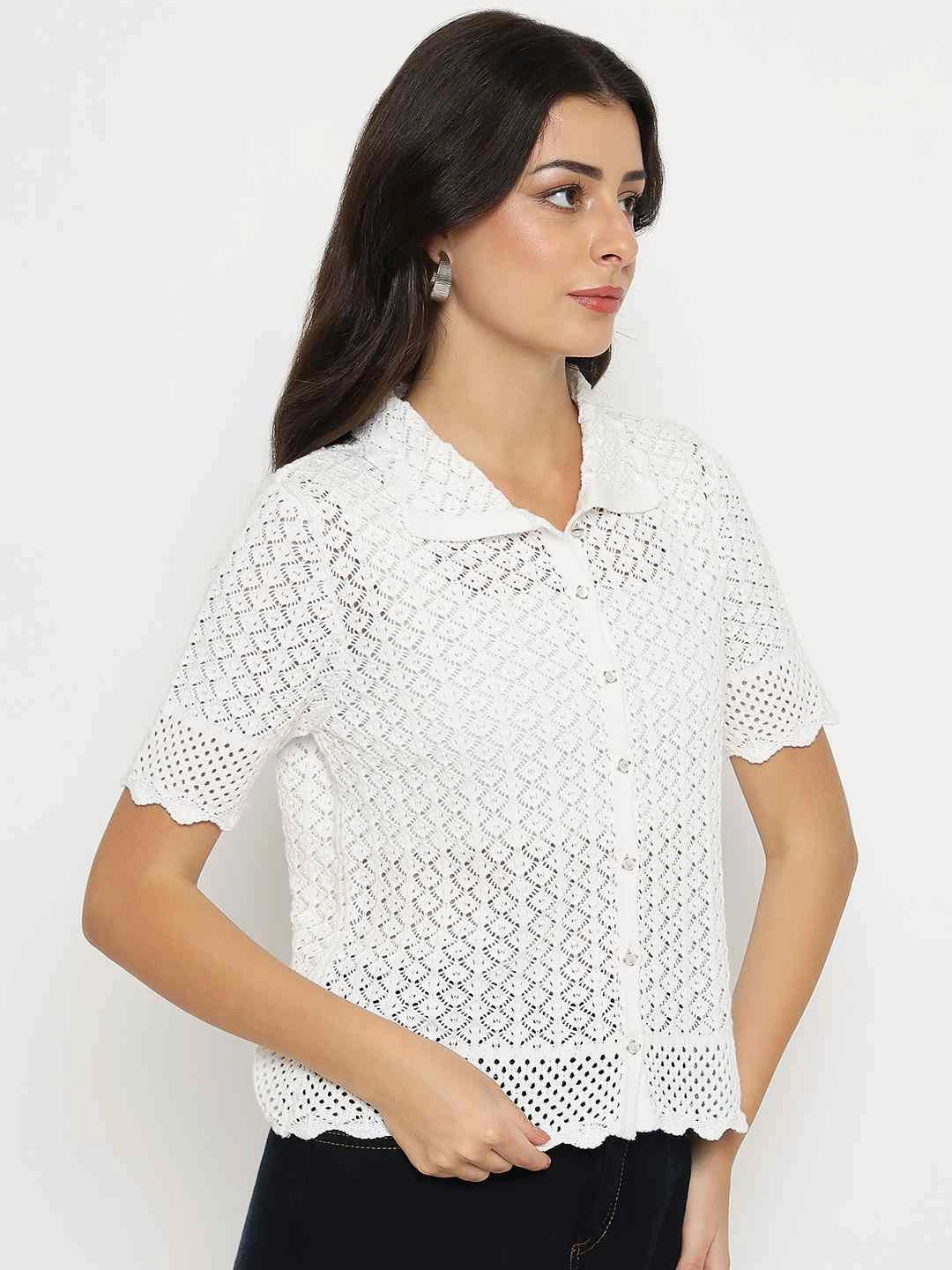 Linen Blend Fabric Wrinkle Resistant Texture Madame Scalloped Hem White Knitted Polo Top