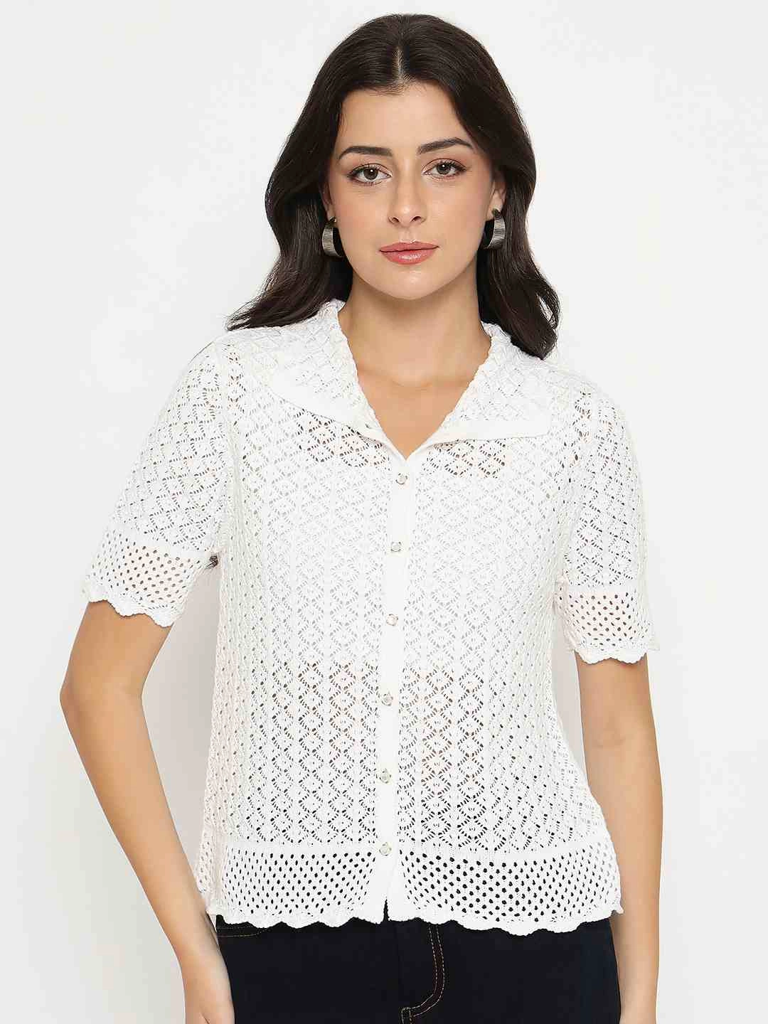 Madame Scalloped Hem White Knitted Polo Top Non Restrictive Fit Cold Weather