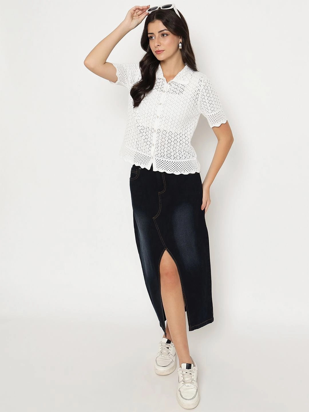 Madame Scalloped Hem White Knitted Polo Top UltraSoft Blend