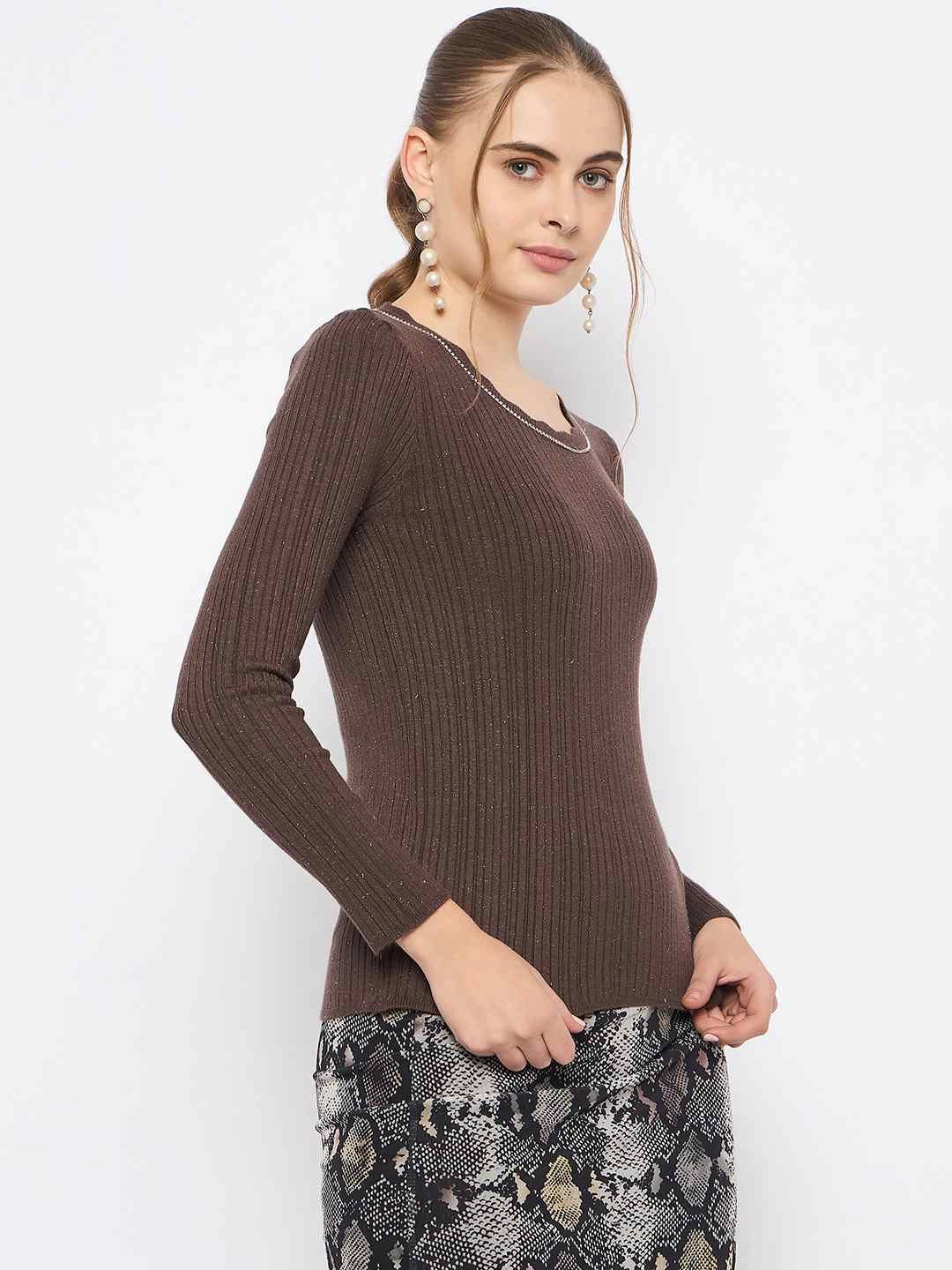 Madame Scalloped Neck Solid Brown Sweater Cozy Wear