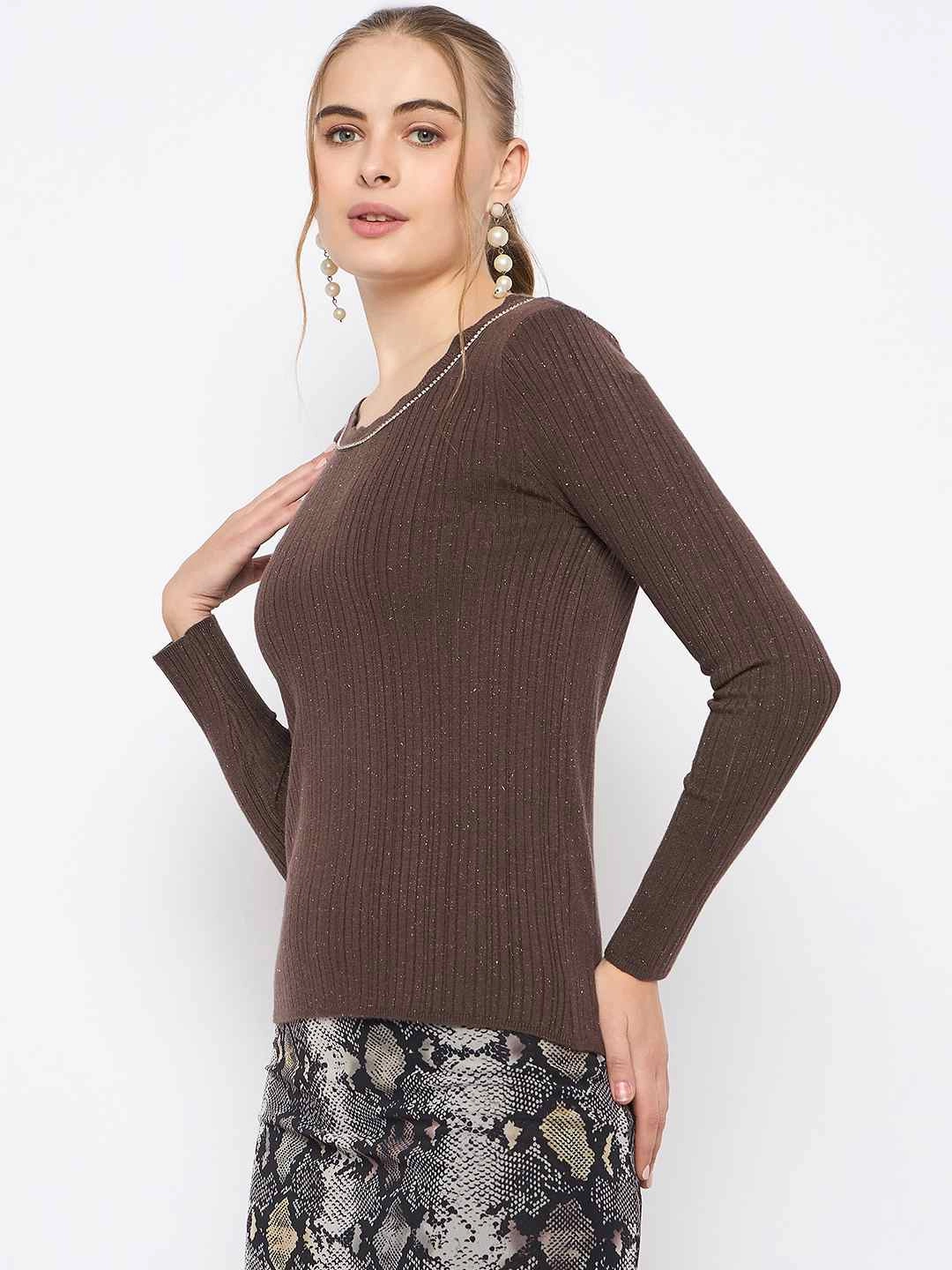 Madame Scalloped Neck Solid Brown Sweater Fashion Knitwear