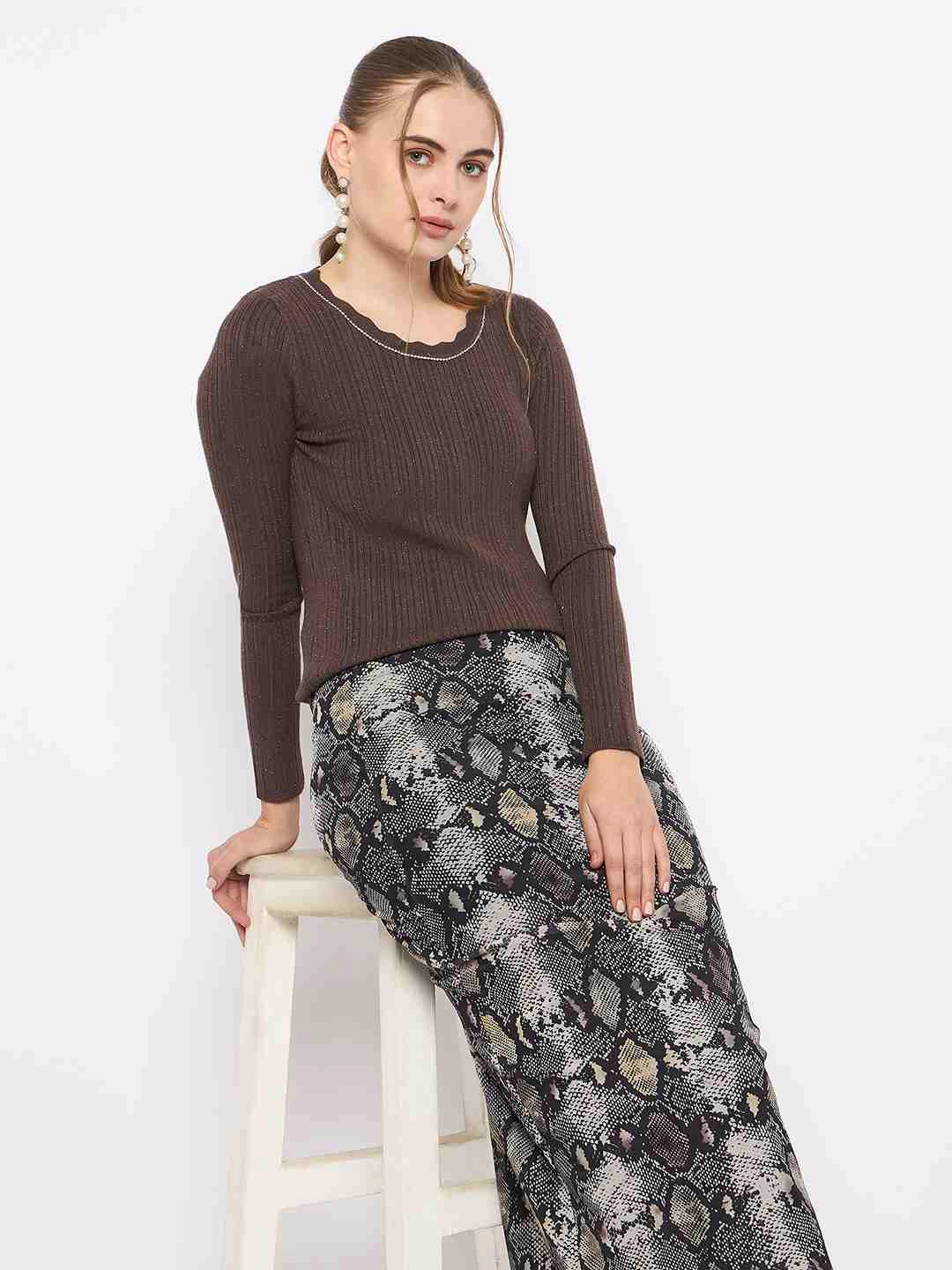 sporty wear Soft Layer Madame Scalloped Neck Solid Brown Sweater
