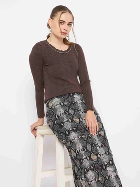 sporty wear Soft Layer Madame Scalloped Neck Solid Brown Sweater