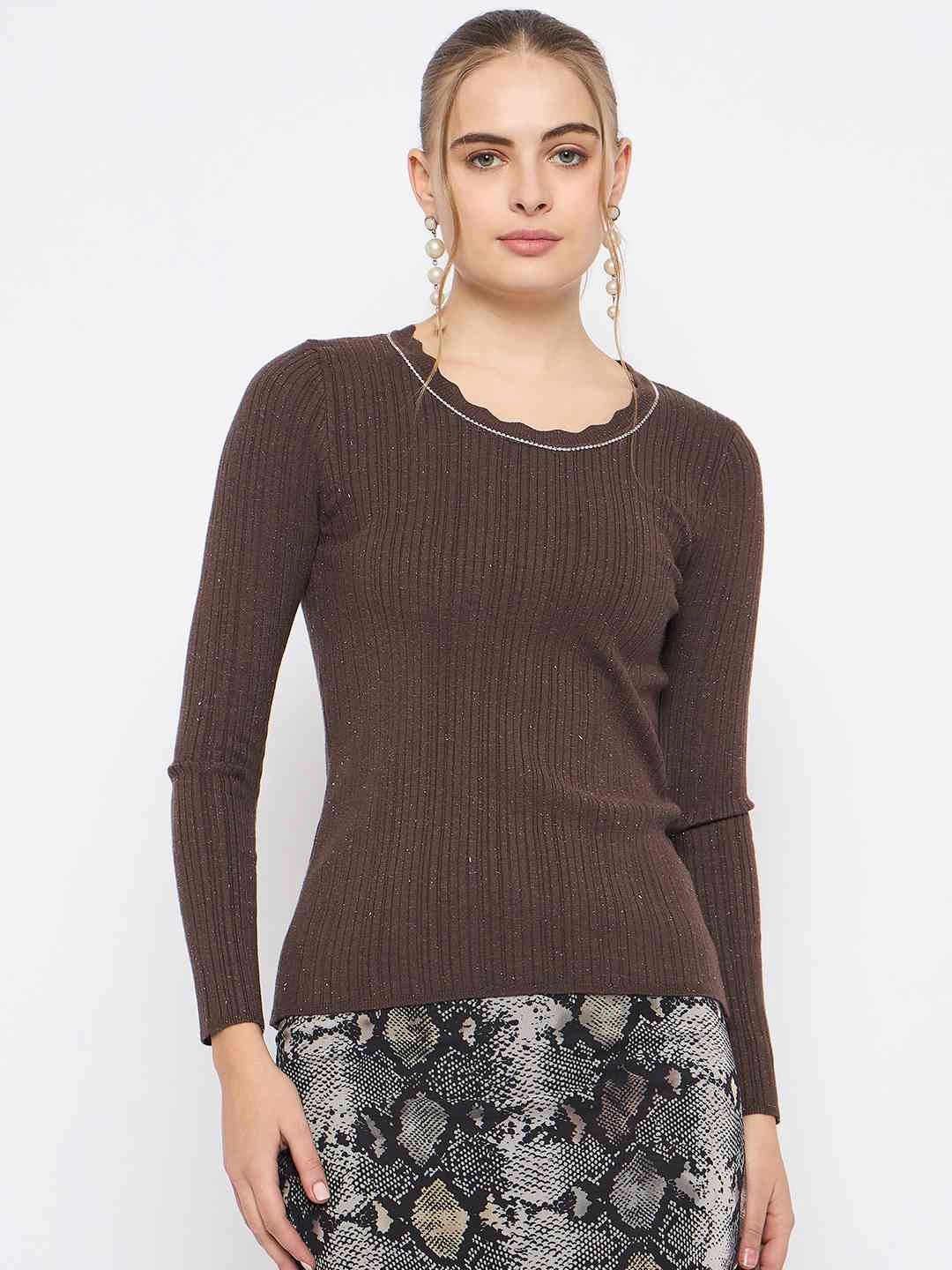 Madame Scalloped Neck Solid Brown Sweater Stretch Waist Elastic Fit