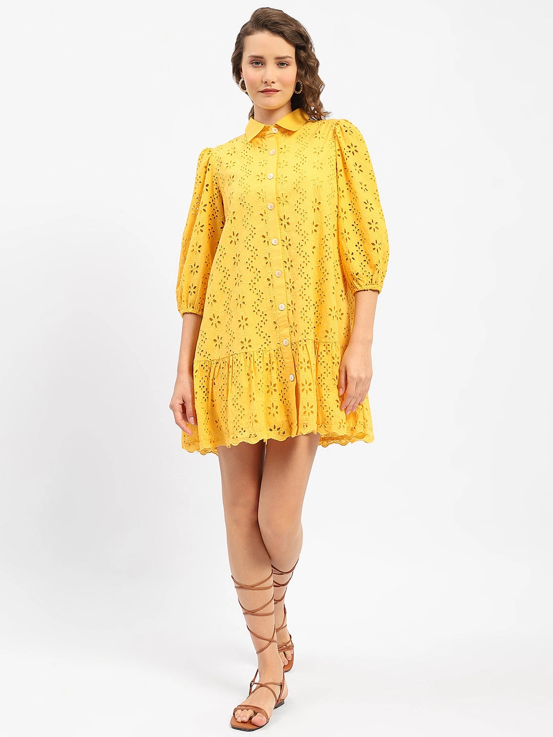 Smooth silhouette Sharp Detail Madame Schiffli Mustard Yellow Tiered Shirt Dress