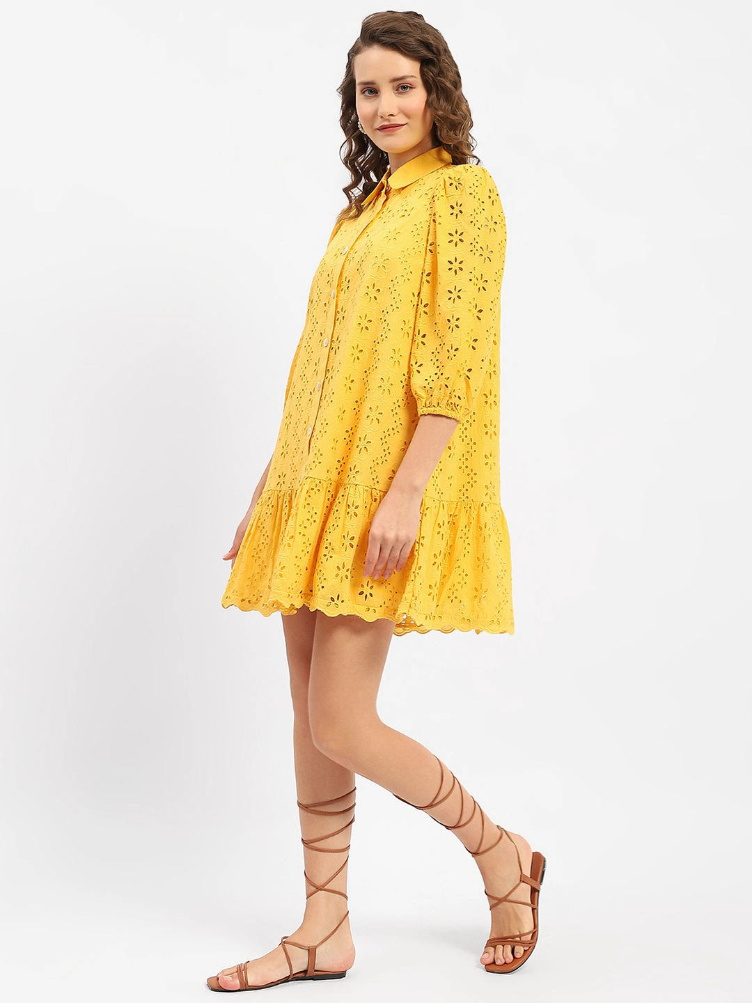 Madame Schiffli Mustard Yellow Tiered Shirt Dress Side Ruching Nordic Calm