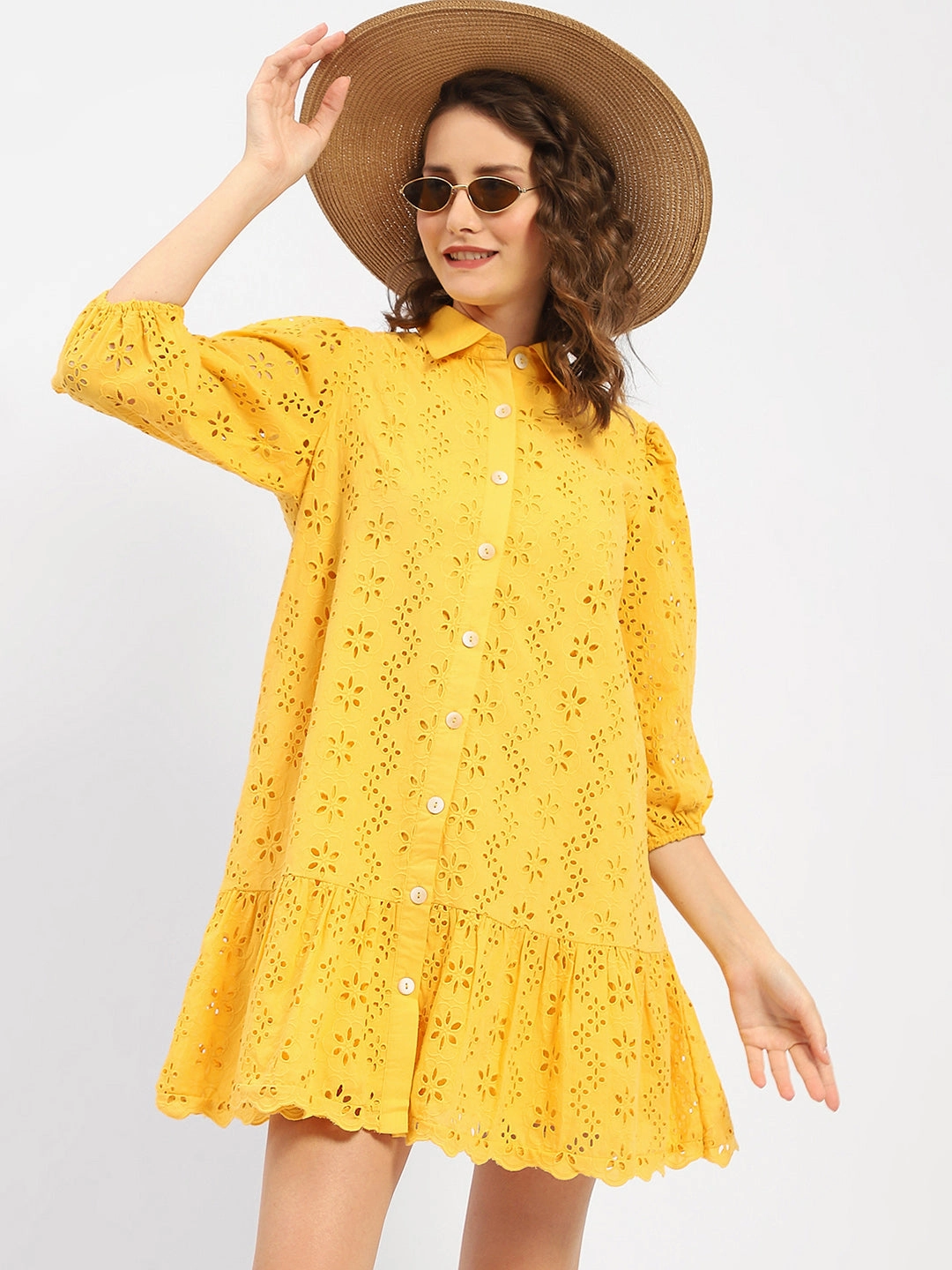 Madame Schiffli Mustard Yellow Tiered Shirt Dress Seasonal Must-Have Everyday Layers