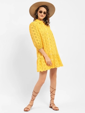 Relax Style Fashion Look Madame Schiffli Mustard Yellow Tiered Shirt Dress