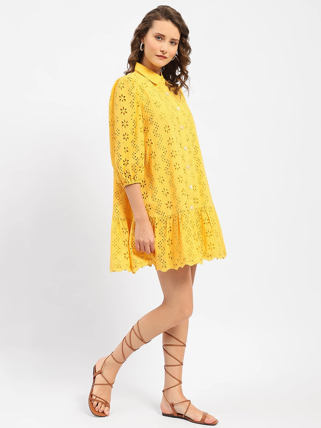 Madame Schiffli Mustard Yellow Tiered Shirt Dress Minimal Details Natural Drape