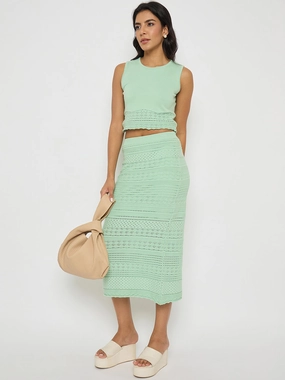 Edgy Look Madame Schiffli Top and Skirt Green Cotton Knit Co-ord Set