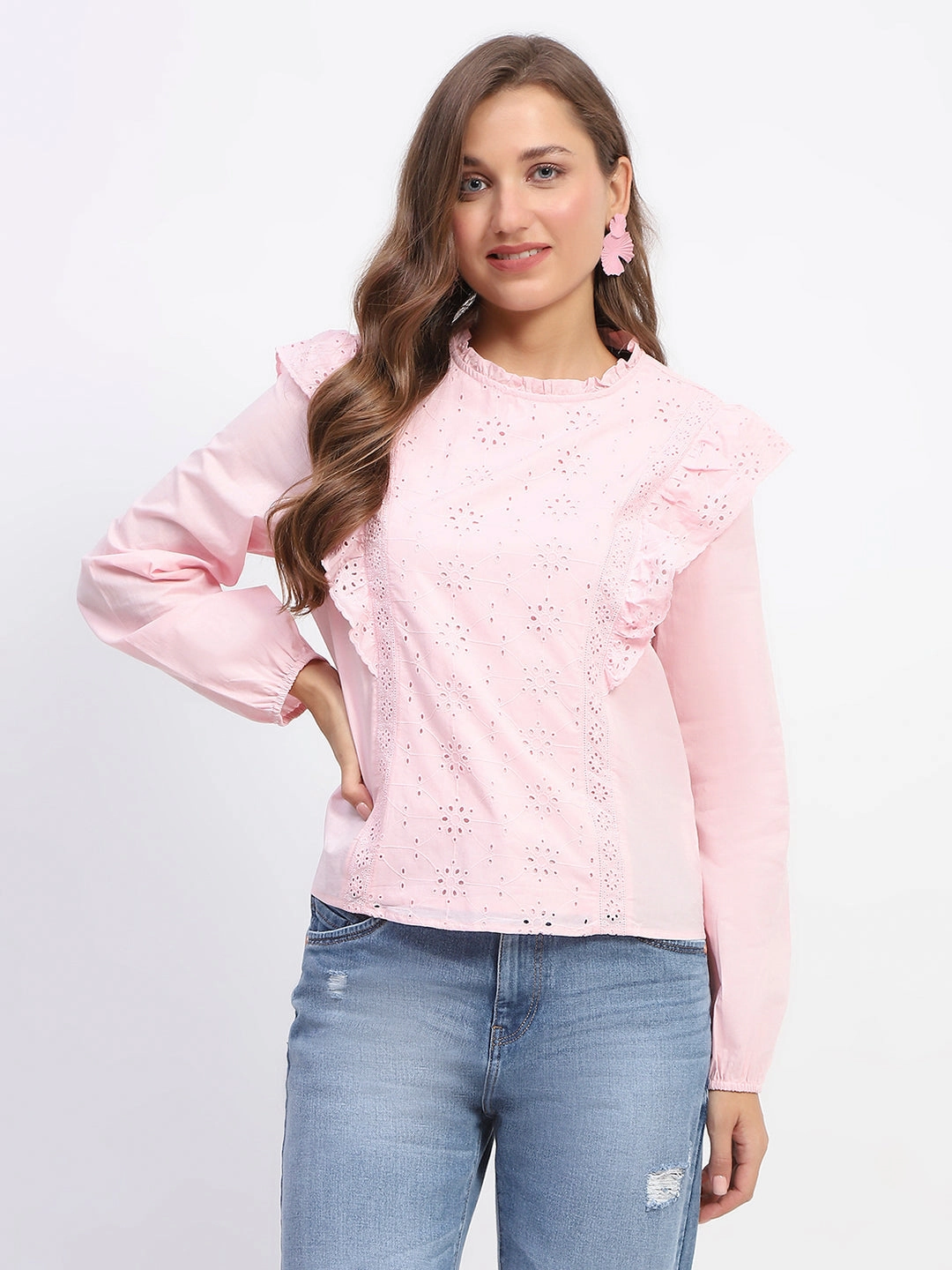 All-Purpose Madame Schilffli Adorned Ruffle Neck Pink Cotton Top