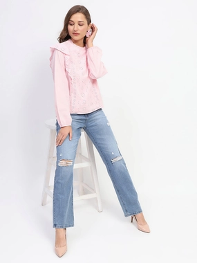 Madame Schilffli Adorned Ruffle Neck Pink Cotton Top MultiPocket Configuration EcoDyeProcess