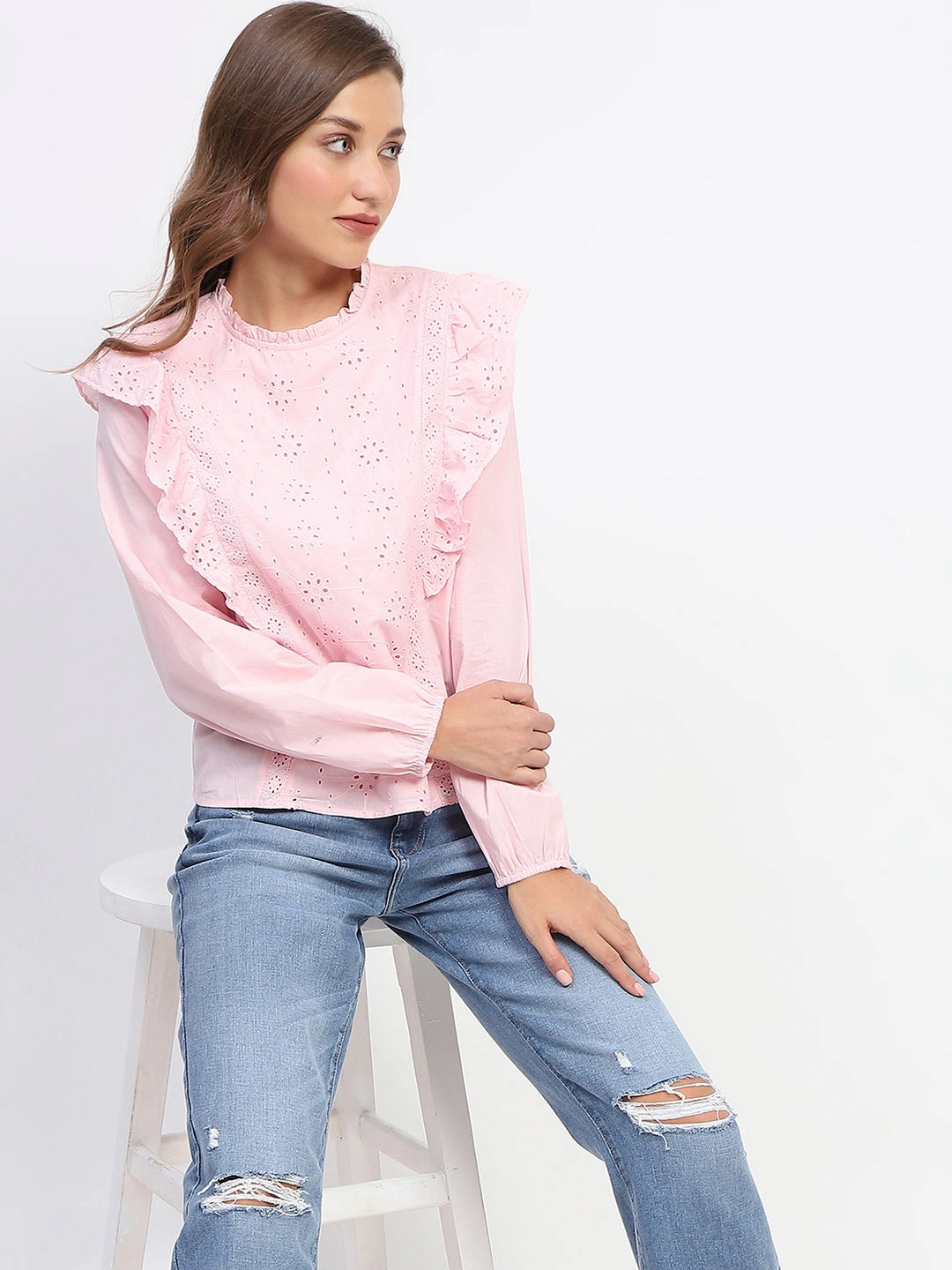 NonScratchSurface Ribbed Trim Details Madame Schilffli Adorned Ruffle Neck Pink Cotton Top