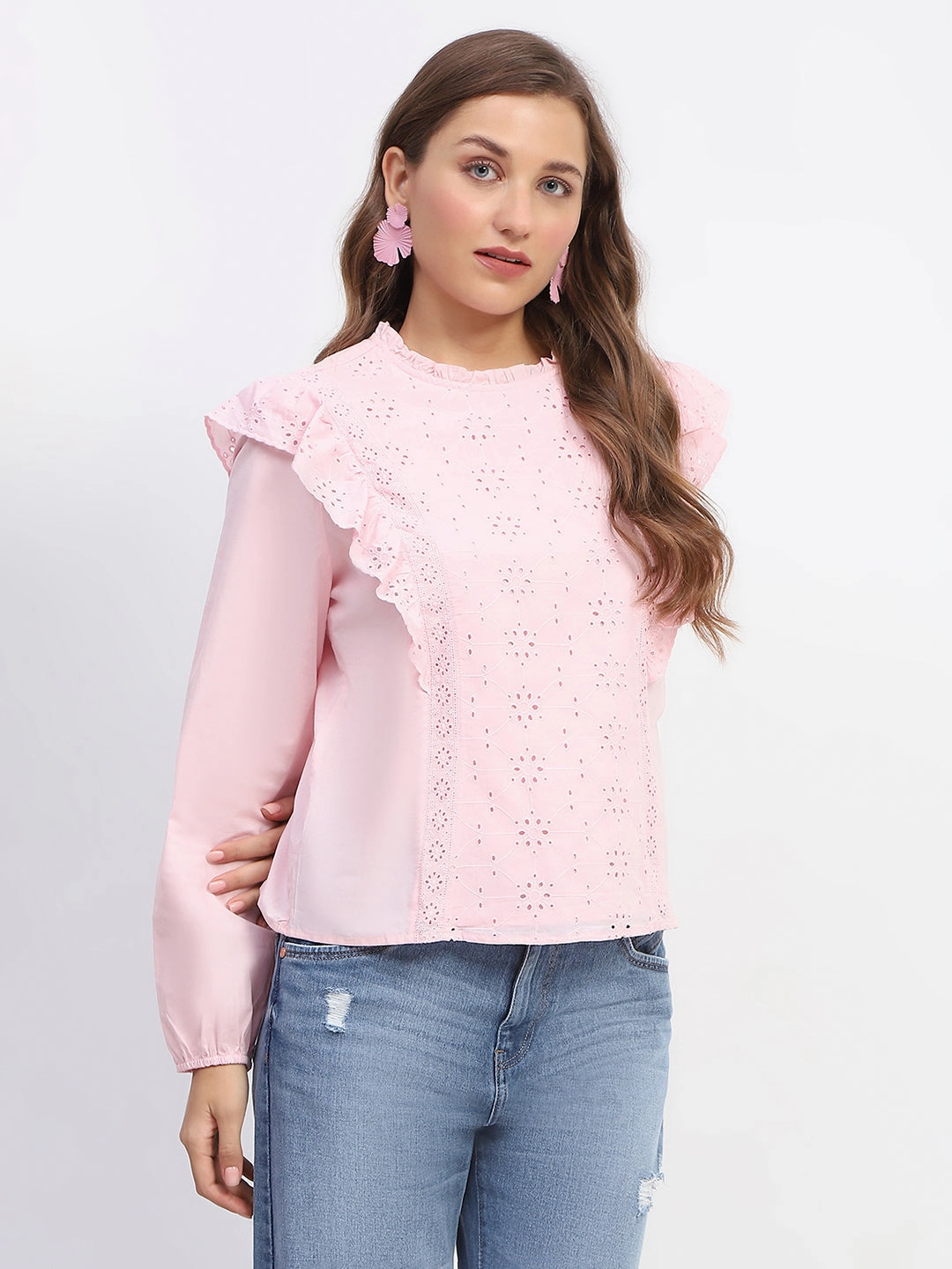 Madame Schilffli Adorned Ruffle Neck Pink Cotton Top NonChafingTrim Oversized Silhouette