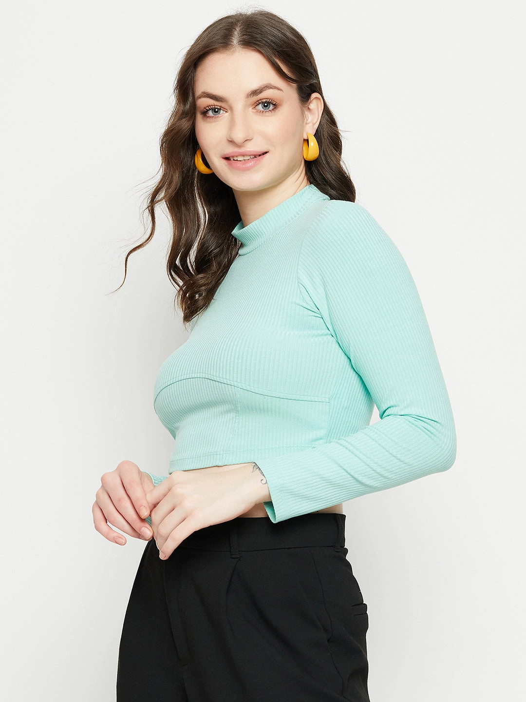 AntiPilling Finish Madame Sea Green Ribbed Crop Top