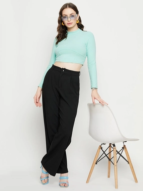 YarnDyedQuality FlexibleCuffs Madame Sea Green Ribbed Crop Top