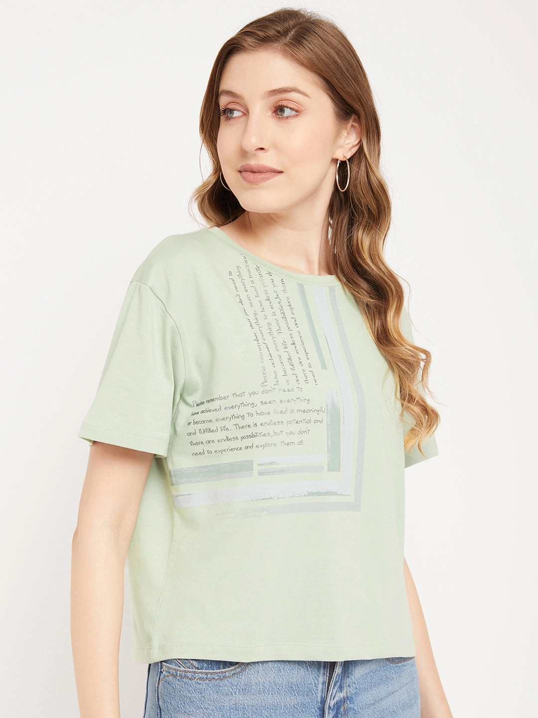 Madame Sea Green Typography T-Shirt Sport Fit