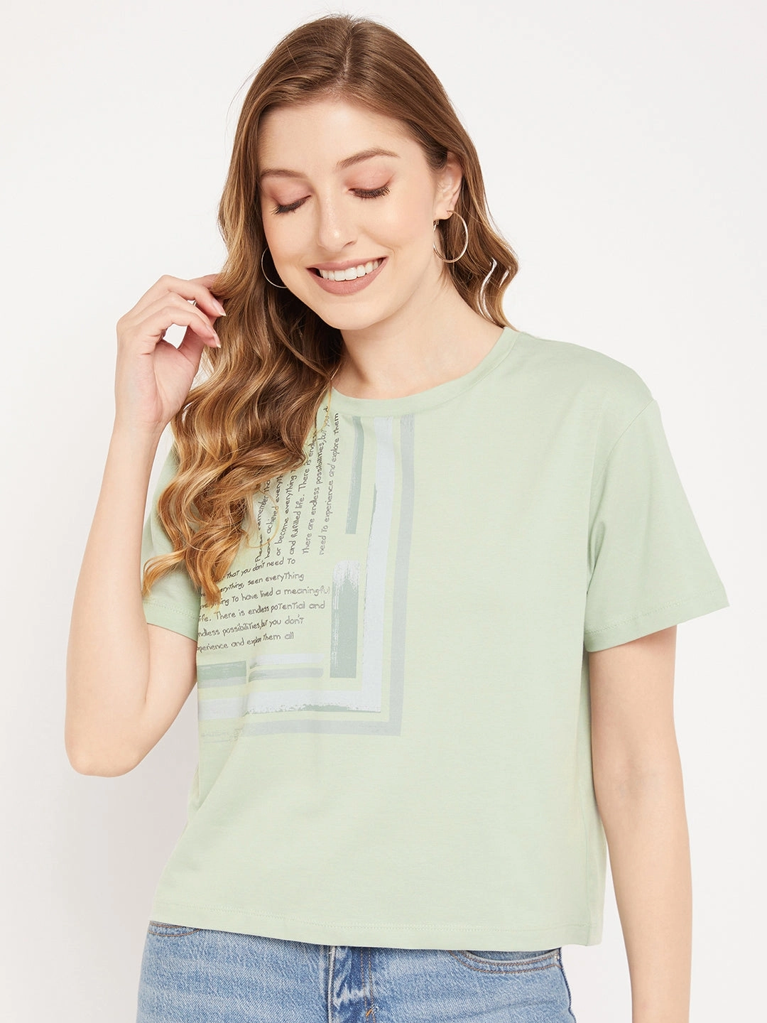 Madame Sea Green Typography T-Shirt No-Shrink Fabric