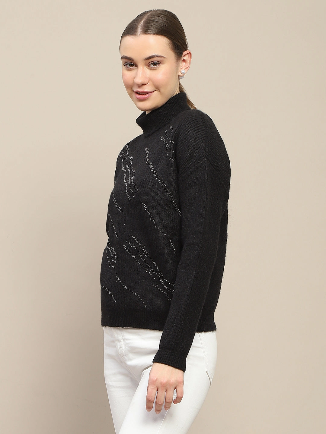 Premium Knitwear Knit Design Madame Self Design Black Turtleneck Sweater