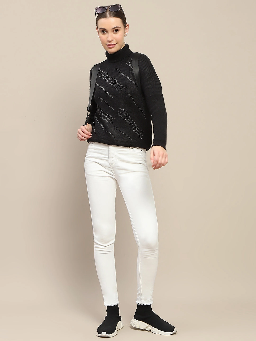 Madame Self Design Black Turtleneck Sweater Winter Ready Outfit Sporty Comfort