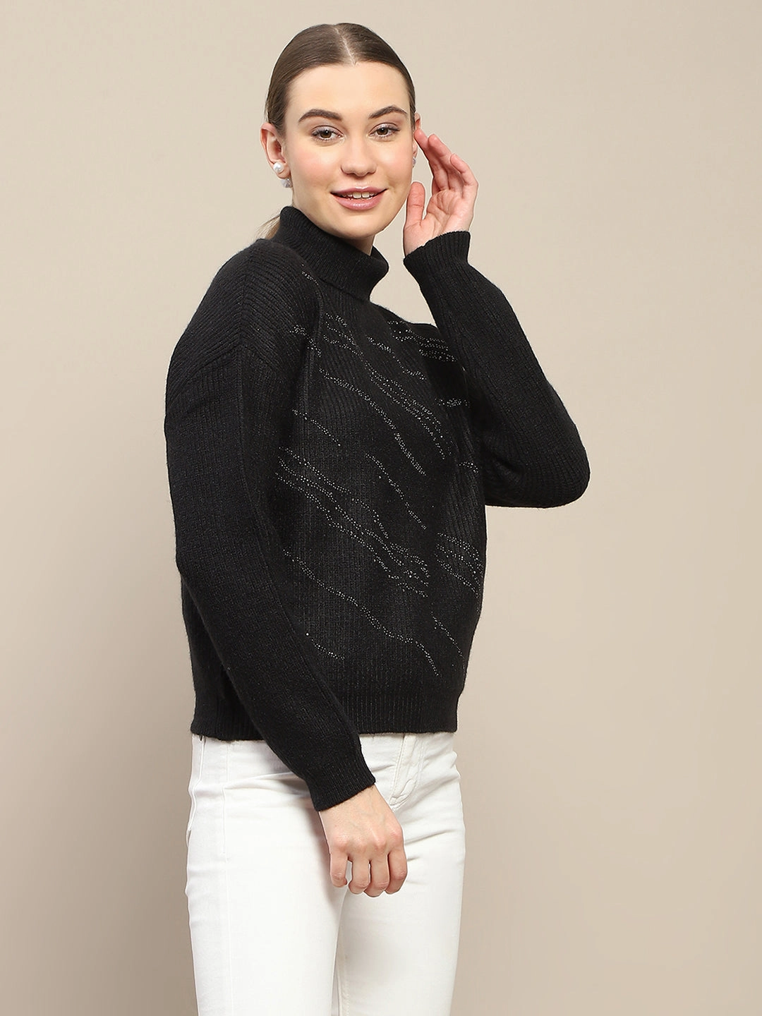 Madame Self Design Black Turtleneck Sweater Light Comfort