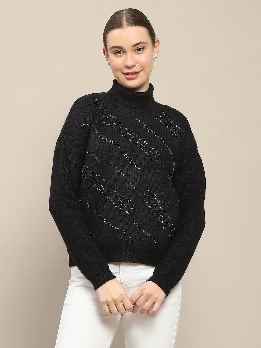 Madame Self Design Black Turtleneck Sweater Quick Comfort Wear