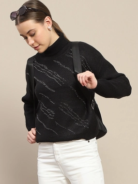 Madame Self Design Black Turtleneck Sweater Sleek Performance Fit