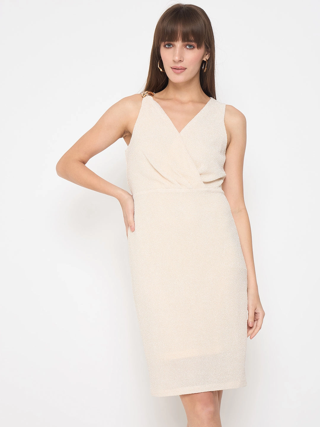 Madame Self Design Bodycon Mini Off White Dress SmoothEdgeFinish
