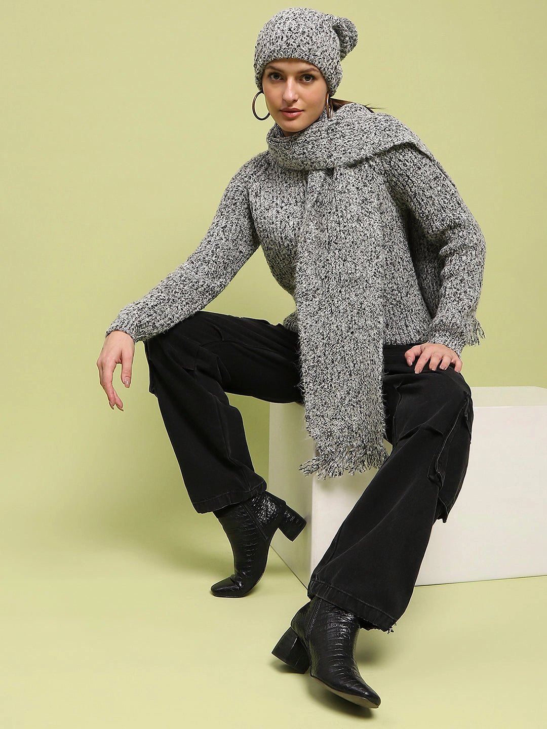 Sporty Fit Lightweight Wear Madame Self Design Regular Fit Grey Sweater
