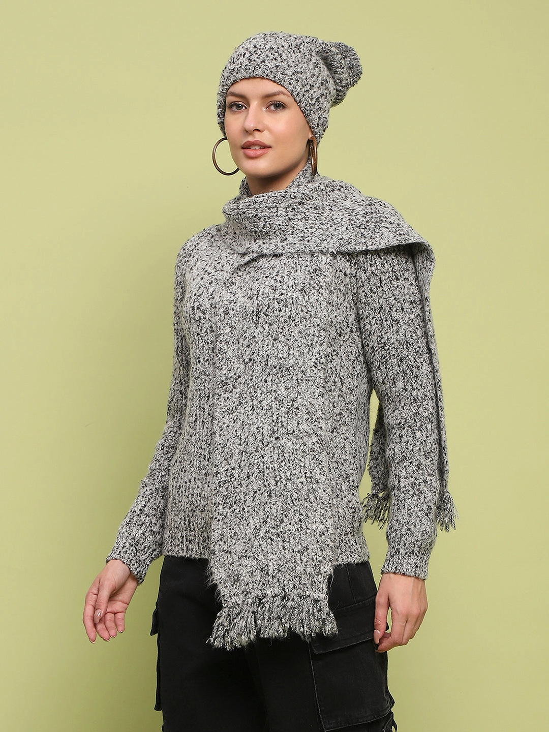 Madame Self Design Regular Fit Grey Sweater Light Warmth Layered Style