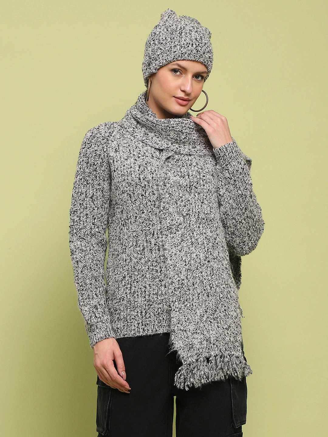 Modern Knitwear Cozy Fit Madame Self Design Regular Fit Grey Sweater