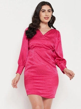 Relaxed Finish Madame Self Design Surplice Neckline Hot Pink Mini Dress