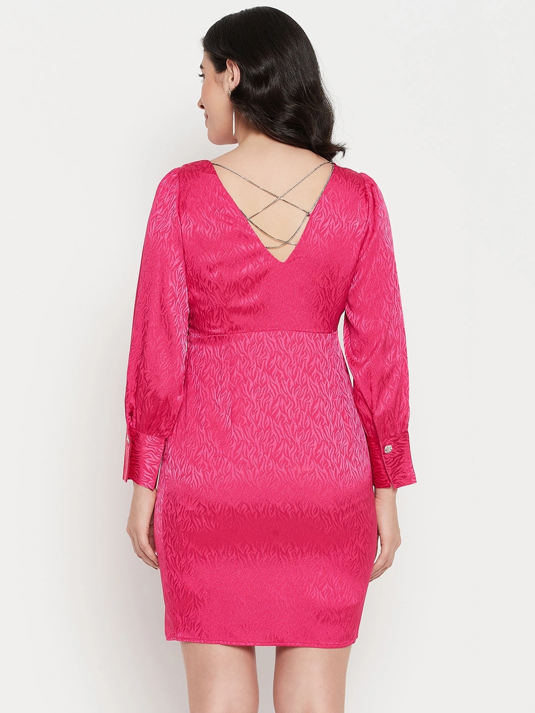 Anytime Wear Madame Self Design Surplice Neckline Hot Pink Mini Dress
