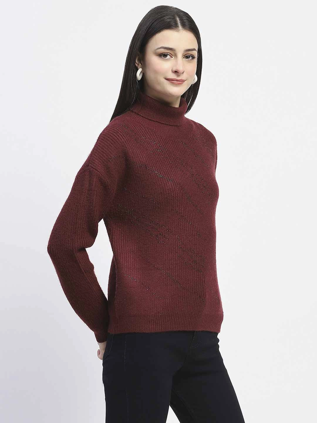 Madame Self Design Wine Red Turtleneck Sweater Chilly Weather Wear Casual Vibes