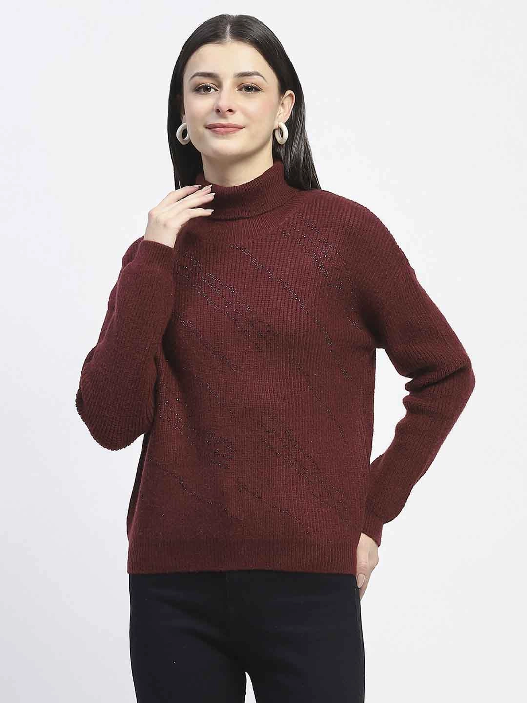 Stylish Design Sporty Design Madame Self Design Wine Red Turtleneck Sweater