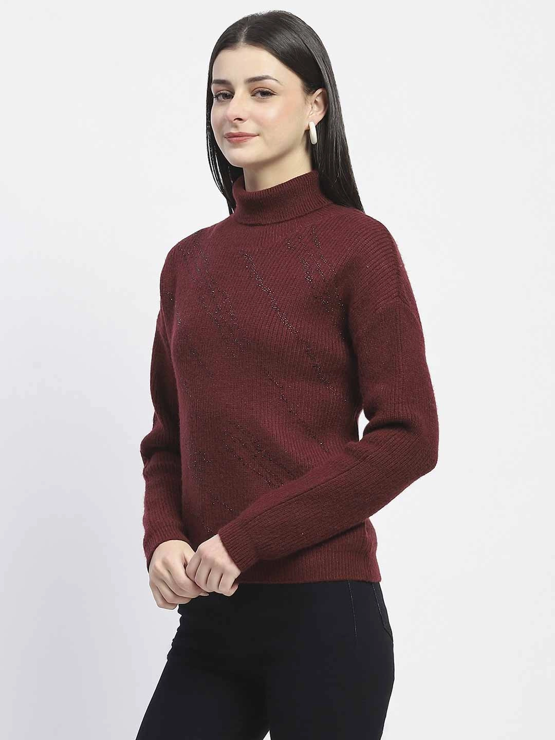 Madame Self Design Wine Red Turtleneck Sweater Cold Day Look Active Wear